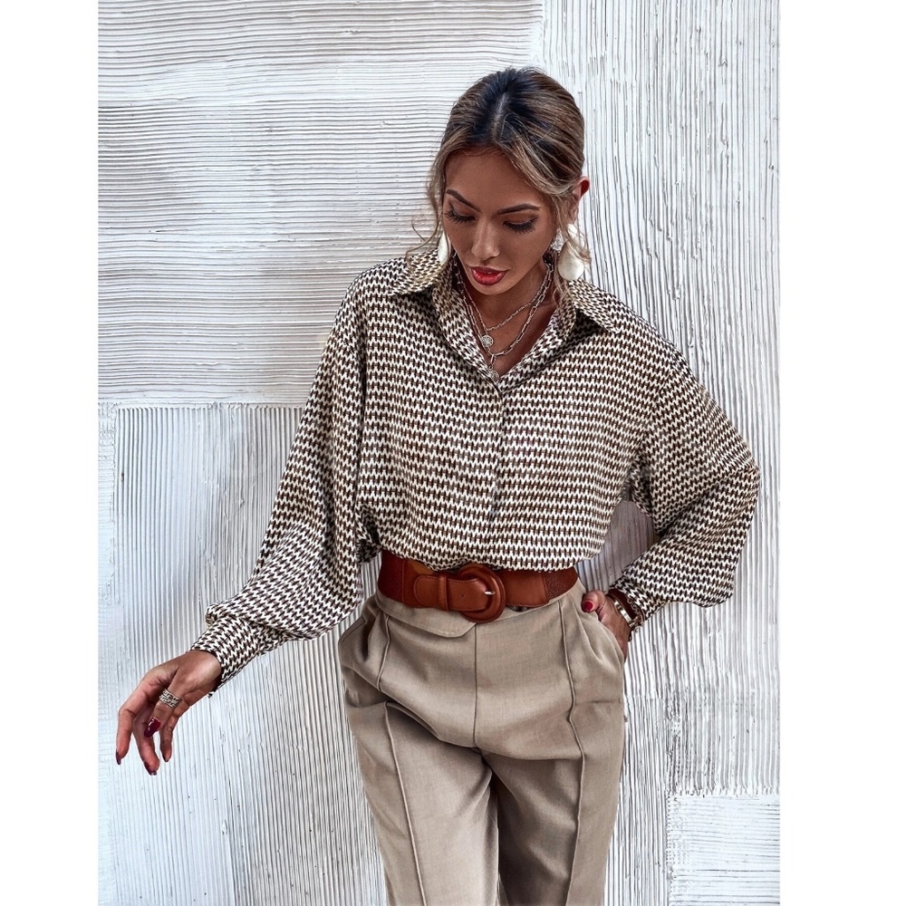 Satin All Over Print Button Down Shirt Oversized Tan Beige Brown Multicolor - Picture 6 of 16